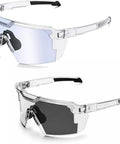 Kickass Photochromic Polarized Safety Glasses With UV400 Protection And Impact Resistant Build For Cycling Driving Work Tasks Ace Eyewear, one pair black tint and one pair clear lens.