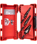 Heavy Duty 3Pc Titanium Step Drill Bit Kit With Impact Ready Dual Flutes And Rapid Strike Tip For Faster Holes In Metal Sheets And Panels Made To Last Longer Than Standard Bits in red case