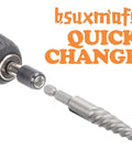 Close-up of drill with 6 Piece Screw And Bolt Extractor Set For Removing Broken Bolts And Stripped Screws Quickly And Easily No Sweat