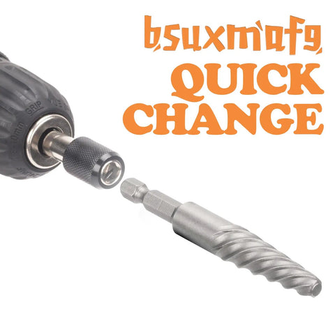 Close-up of drill with 6 Piece Screw And Bolt Extractor Set For Removing Broken Bolts And Stripped Screws Quickly And Easily No Sweat