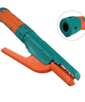 Durable 800 Amp Welding Stinger Electrode Clamp With Ergonomic Curved Handle, showcasing brass grip and curved design for welding.