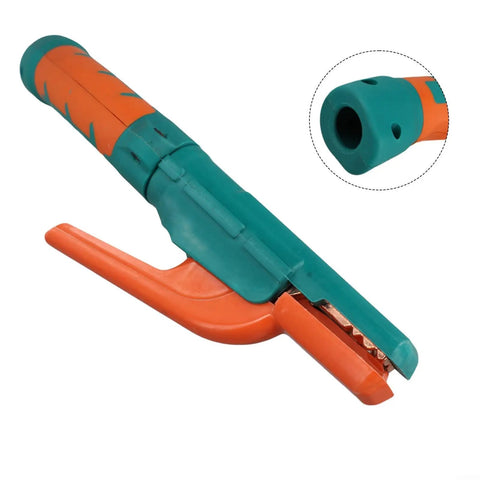 Durable 800 Amp Welding Stinger Electrode Clamp With Ergonomic Curved Handle, showcasing brass grip and curved design for welding.