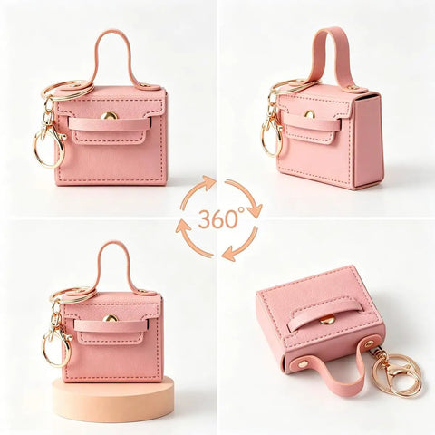 Snag These Hella Adorable Mini Backpack Keychains For Bags And Keys PU Leather Coin Purse in pink with side zipper and keyring.