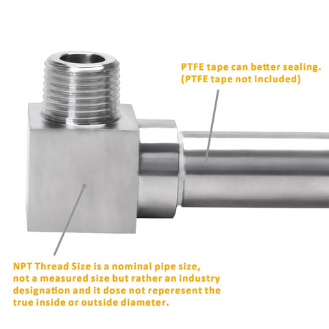 Close-up of Heavy Duty Stainless Steel 304 90 Degree Street Elbow Fitting, showing NPT male to female connection details.