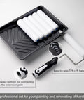 Six Inch High Density Foam Paint Roller Kit With Tray And Liners Nine Pack Mini Rollers for Painting Walls Cabinets and Doors Easy DIY Home Painting Set with smooth roller heads and textured tray.