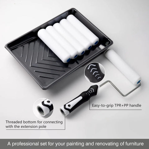 Six Inch High Density Foam Paint Roller Kit With Tray And Liners Nine Pack Mini Rollers for Painting Walls Cabinets and Doors Easy DIY Home Painting Set with smooth roller heads and textured tray.