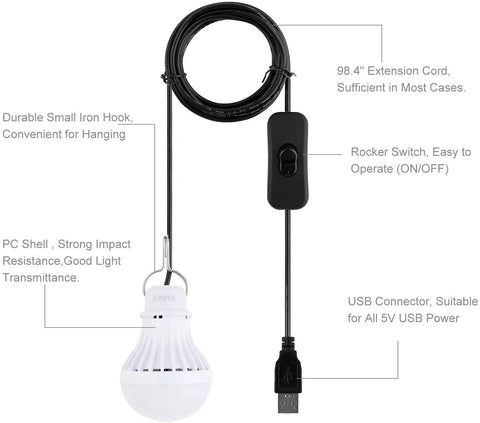 USB LED Light Bulb For Emergency Backup Lighting With USB Power And Solar Charging Outdoor Weatherproof Camping Lantern For Power Outages Works With Power Banks Solar Panels Car Chargers Generators No Batteries Needed, showing bulb, cord, and switch