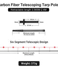 Diagram of ultralight carbon fiber telescoping tarp poles for tent awning showing dimensions and six-segment design, 373g weight.
