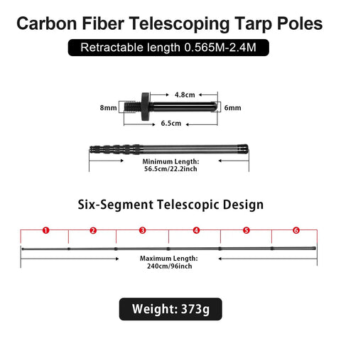Diagram of ultralight carbon fiber telescoping tarp poles for tent awning showing dimensions and six-segment design, 373g weight.