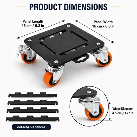 Heavy Duty Furniture Mover Dollies With 400Lb Load Capacity Per Dolly dimensions showing panel size and wheel details.