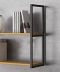 Super Sturdy 2 Tier Floating Shelf Brackets Wall And Ceiling Mount Heavy Duty Wrought Iron Pipe Style Supports For Rugged Diy Shelving And Home Upgrades Black Metal showcasing black metal bracket with wooden shelves.