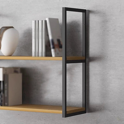 Super Sturdy 2 Tier Floating Shelf Brackets Wall And Ceiling Mount Heavy Duty Wrought Iron Pipe Style Supports For Rugged Diy Shelving And Home Upgrades Black Metal showcasing black metal bracket with wooden shelves.