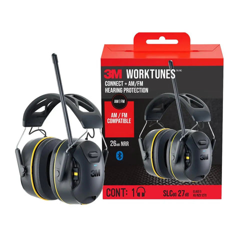 WorkTunes Connect Wireless Hearing Protector With Bluetooth Technology And AM FM Radio 26 Decibels NRR box and headset