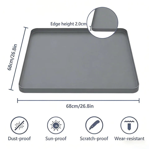 Heavy Duty 27x27 Inch Washing Machine Drain Pan Drip Tray Leak Proof Silicone Non Slip Waterproof Drip Mat Floor Protector For Washer Dryer Laundry Room Refrigerator Grey, showing product dimensions and protective features icons.
