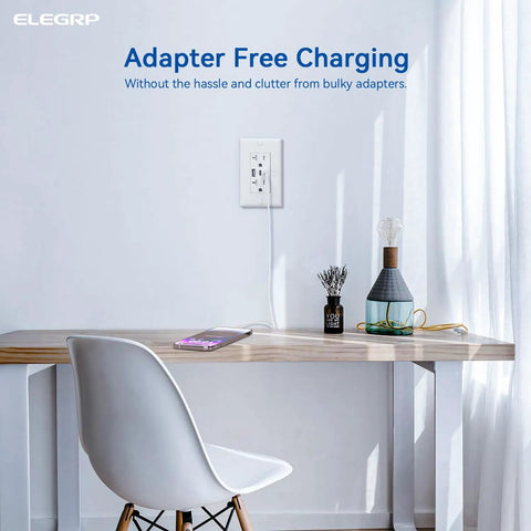 Plug And Play Twenty Amp Wall Outlet Featuring Three Usb Ports With Dual Type C Outputs Tamper Resistant Faceplate Including Matched Wall Plates Ul Certified Two Pack White Edition installed near a desk with a phone charging.