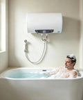 Heavy Duty Horizontal Electric Water Heater Featuring A Nifty Digital Display And Generous 70 Liter Reserve Plus 110V Plug Right In Hook Up, installed above a modern bathtub with a man relaxing.