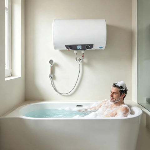 Heavy Duty Horizontal Electric Water Heater Featuring A Nifty Digital Display And Generous 70 Liter Reserve Plus 110V Plug Right In Hook Up, installed above a modern bathtub with a man relaxing.