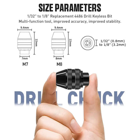 Hand holding a keyless drill chuck from the Keyless Drill Chuck Collet Set Kit, 28 Pcs 1/32 to 1/8 Inch, displaying size parameters M7 and M8.