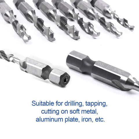 Heavy Hitter Hex Shank Drill Tap Bit Set With Split Point Tips For Smoother Tapping Deburring And Countersinking Metric Or Imperial Fasteners No Sweat Needed, 5pc HSS drill taps.