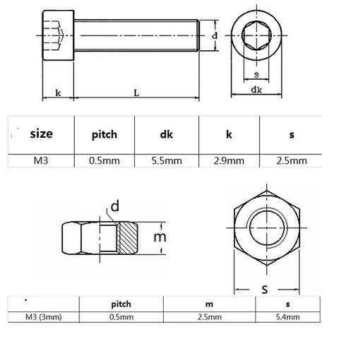 Hex Socket Bolt Nut Set 200 Pcs Stainless Steel Six Sizes Assortment Kit For Diy Projects Durable Fasteners With Precision Thread Design And Smooth Engagement, M3 size chart
