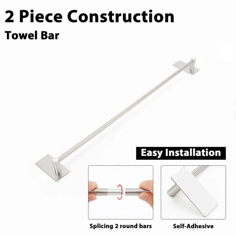 No Drill Adhesive Towel Bar For Bathroom 24 Inch Stainless Steel Brushed Nickel Stick On Wall Mount Towel Rack Rustproof Waterproof Contemporary Style showing 2-piece construction and adhesive backing.