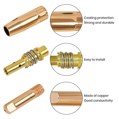 Cool 18 Piece Mig Welding Torch Kit For M6 Mb15 Ak15 Nozzle Gas Diffuser Shield Cup And Contact Tips.030 And.045 Inches showing copper nozzle tips with strong coating.