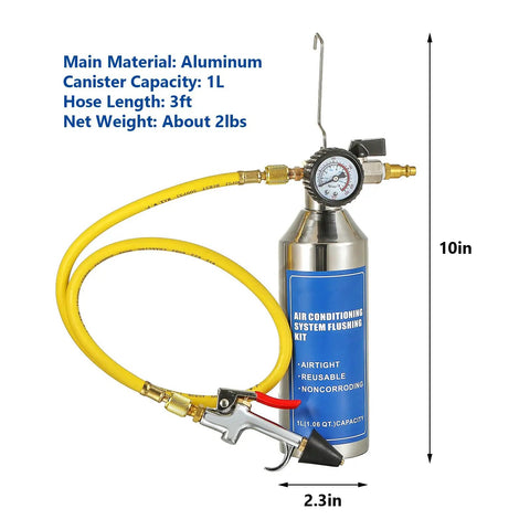 AC Flush Kit For Automotive Air Conditioning Cleaning, Pro Grade Home AC Flush Tool With 220 PSI Gauge, stainless steel tank, hose