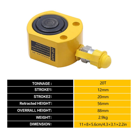 Yellow 20T hydraulic cylinder jack with manual pump, compact car jack (front view)