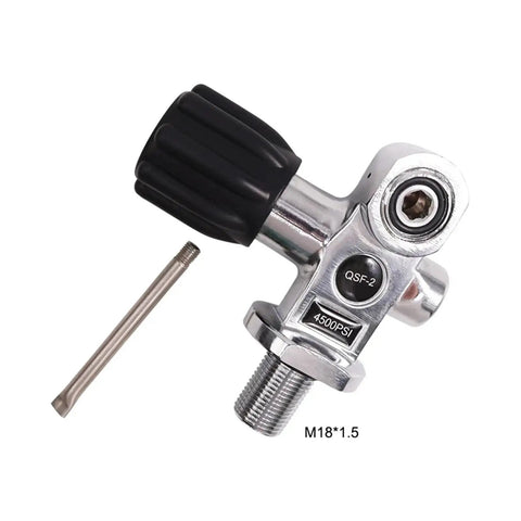 Black M18 DIN Yoke Tank Valve for Scuba Diving Reducing Valve Durable Underwater Air Cylinder Regulator Accessory for Safe Tank Fill and Dope Airflow High-Performance Dive Gear, shown with black knob and silver body.