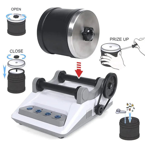 Rock Tumbler Kit For Kids And Adults With 2 Belts showing setup and operation instructions