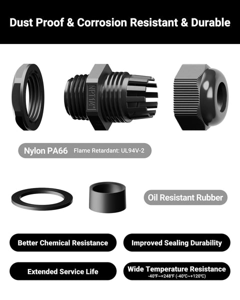 Ten Pack Nylon Cable Glands One Quarter Inch NPT Waterproof IP68 Cord Connectors PA66 Wire Entry components shown
