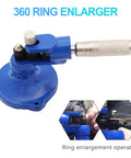 Portable Ring Stretcher And Expander Tool Featuring 13 Heavy Duty Dies For No Sweat Jewelry Resizing Smooth Twist Handle Sizer Top Shelf For Stone Set Bands Straight Up Home Or Shop Ready in blue color for ring enlargement operation.