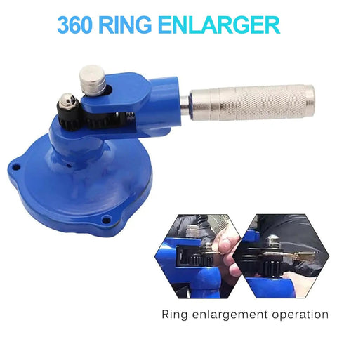 Portable Ring Stretcher And Expander Tool Featuring 13 Heavy Duty Dies For No Sweat Jewelry Resizing Smooth Twist Handle Sizer Top Shelf For Stone Set Bands Straight Up Home Or Shop Ready in blue color for ring enlargement operation.