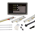Heavy Duty Three Axis Digital Readout System With Rock Solid Cast Aluminum Shell And Slick Ka Linear Scale Plus Optic Encoder Ruler For Lathe Mill Rigs Boss Grade Accuracy Package Of Four components laid out including display, scales and cables.