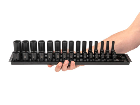 Hand holding Three Eighths Inch Drive Six Point Impact Socket Set With Rails Thirty Piece Shallow And Deep Sockets From Quarter Inch To One Inch