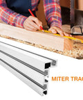 Beefed Up 75 Type T Slot Miter Track 800mm Aluminum T-Track Slide for woodworking jigs in use with woodworker measuring lumber