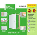 Premium Insulated Knee Wall Access Door With Rock Solid White HDF Boards And R Five Point Two Heat Blocking Rating For Attics And Basements Slick Operation 27 By 35 Inches showing features and sizing details.