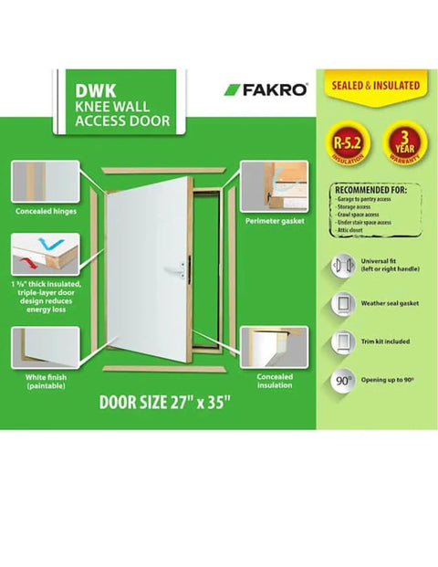 Premium Insulated Knee Wall Access Door With Rock Solid White HDF Boards And R Five Point Two Heat Blocking Rating For Attics And Basements Slick Operation 27 By 35 Inches showing features and sizing details.