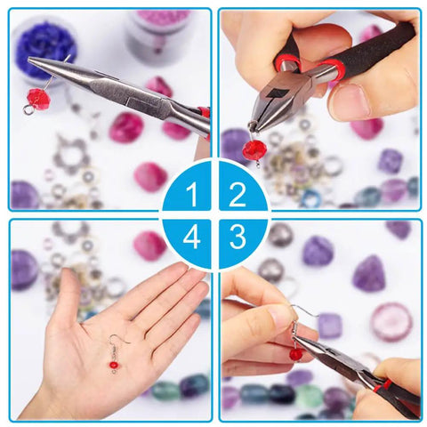 All In One Jewelry Making Kit With Pliers, Findings, Beading Wires And Repair Tools for adults crafting a red beaded earring