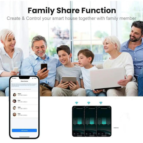 Family using Smart WiFi Touch Light Wall Switch Panel 4 5 6 8 10 Gang Glass Face Tuya Smart Life with phones and tablets