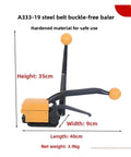 Heavy Duty Sealless Steel Strapping Tool, Manual Buckle-Free Iron Banding Machine For Secure Packaging, dimensions shown.