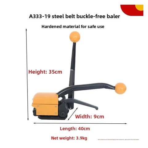 Heavy Duty Sealless Steel Strapping Tool, Manual Buckle-Free Iron Banding Machine For Secure Packaging, dimensions shown.