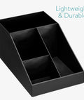 Coffee Station Organizer with 4 Compartments Perfect for Storing Coffee Pods Sugar Creamer Stirrers and Tea Bags on Your Office or Kitchen Countertop for Quick Grab and Go Access and Neat Countertop Organization, shown in black plastic.
