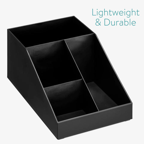 Coffee Station Organizer with 4 Compartments Perfect for Storing Coffee Pods Sugar Creamer Stirrers and Tea Bags on Your Office or Kitchen Countertop for Quick Grab and Go Access and Neat Countertop Organization, shown in black plastic.