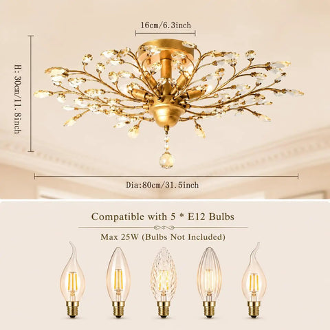 Vintage K9 Clear Crystal Chandeliers Gold Finish Five Light Ceiling Pendant Lighting Fixture For Living Room Bedroom Restaurant And Porch Luxe Crystal Chandelier With Modern Classic Vibe, 31.5 inches diameter