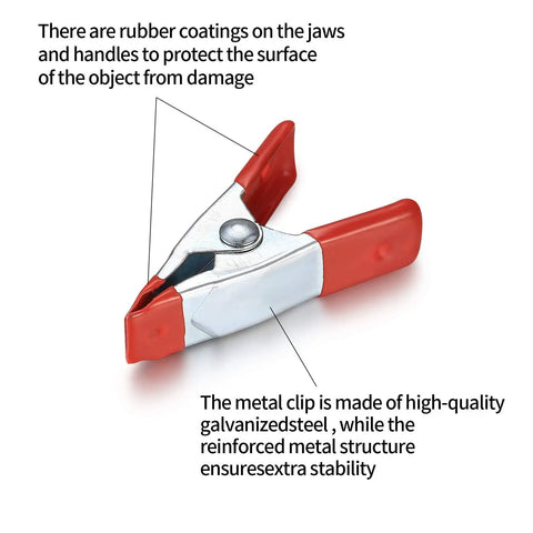Heavy Duty 2 Inch Metal Spring Clamp with red rubber tips and galvanized steel body, highlighting durability and grip features