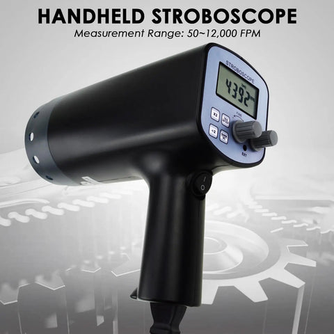 Digital Handheld Stroboscope With Wide Range From 50 To 12,000 FPM For Quick Pro Grade Equipment Fault Detection And Maintenance Bright Xenon Lamp With Adjustable Illumination And No Reflective Marks Needed, showing LCD display.