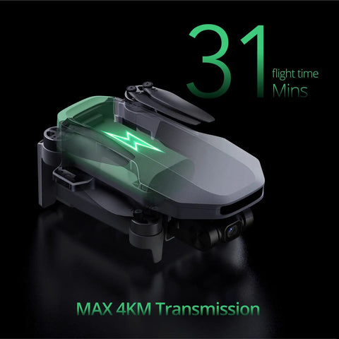 Pocket-Sized GPS Drone With 4K EIS Camera Under 249g, Foldable and Lightweight, showing 31-minute flight time, 4KM range