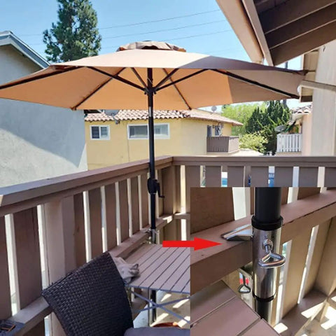 Two Pack Heavy Duty Umbrella Clamp Galvanized Steel Adjustable Deck Mount For Patio Balcony Railing, shown installed on railing