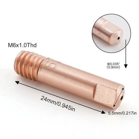 MB15 15AK MIG Welding Torch Kit Replacement Tips And Diffuser Set, 0.035 Inch Contact Tip, copper tip with dimensions
